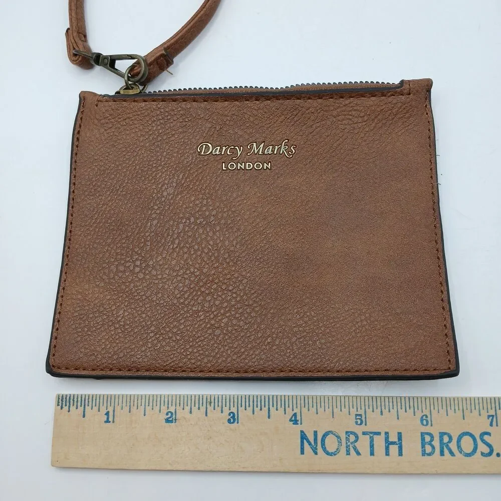 Darcy Marks London Wristlet Wallet Dark Brown Faux Leather Zip Top Thin Profile